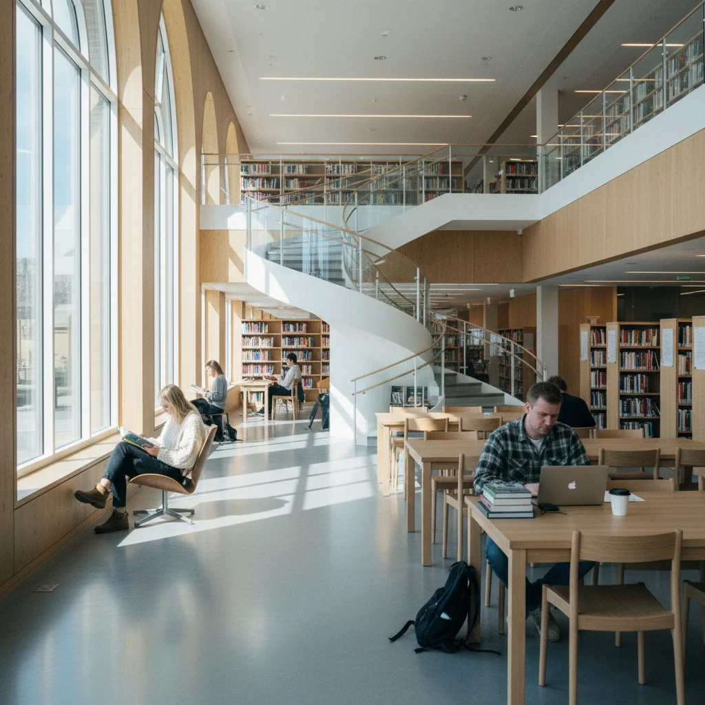 Moderne skandinavische Bibliothek mit Lesenden und lichtdurchflutetem Raum