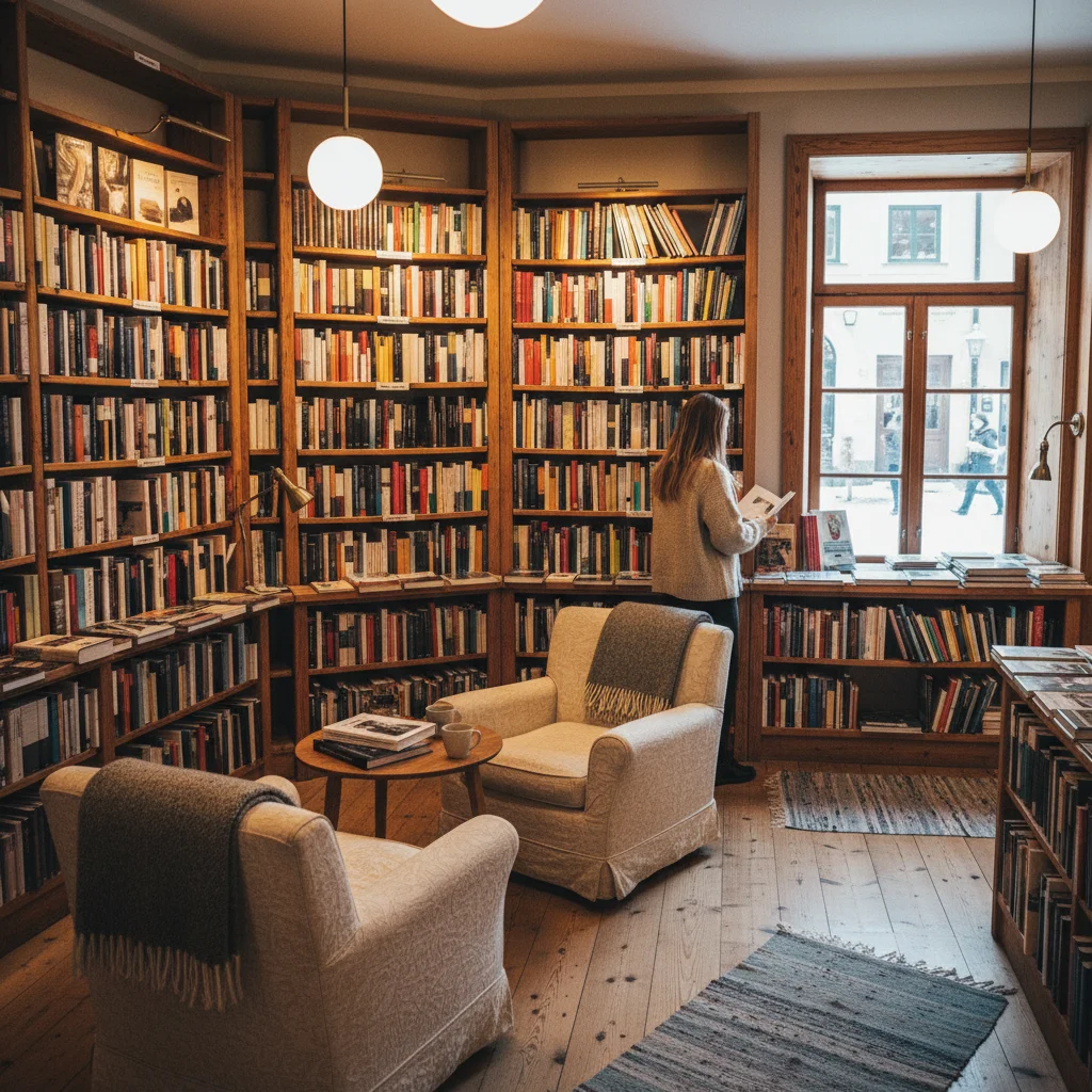Gemütliche skandinavische Buchhandlung mit Holzregalen und warmem Licht