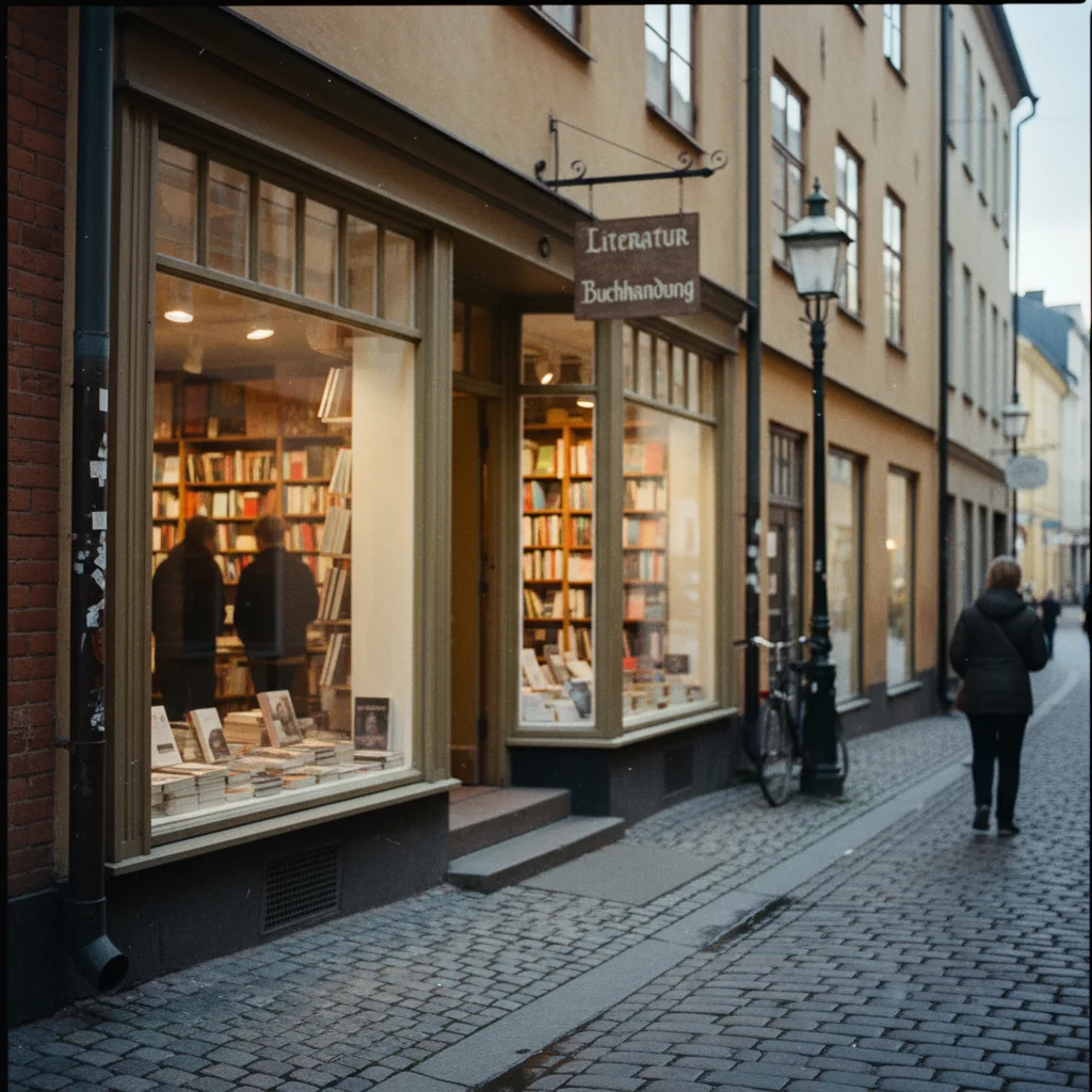 Gemütliche norwegische Buchhandlung mit Holzregalen und warmer Beleuchtung
