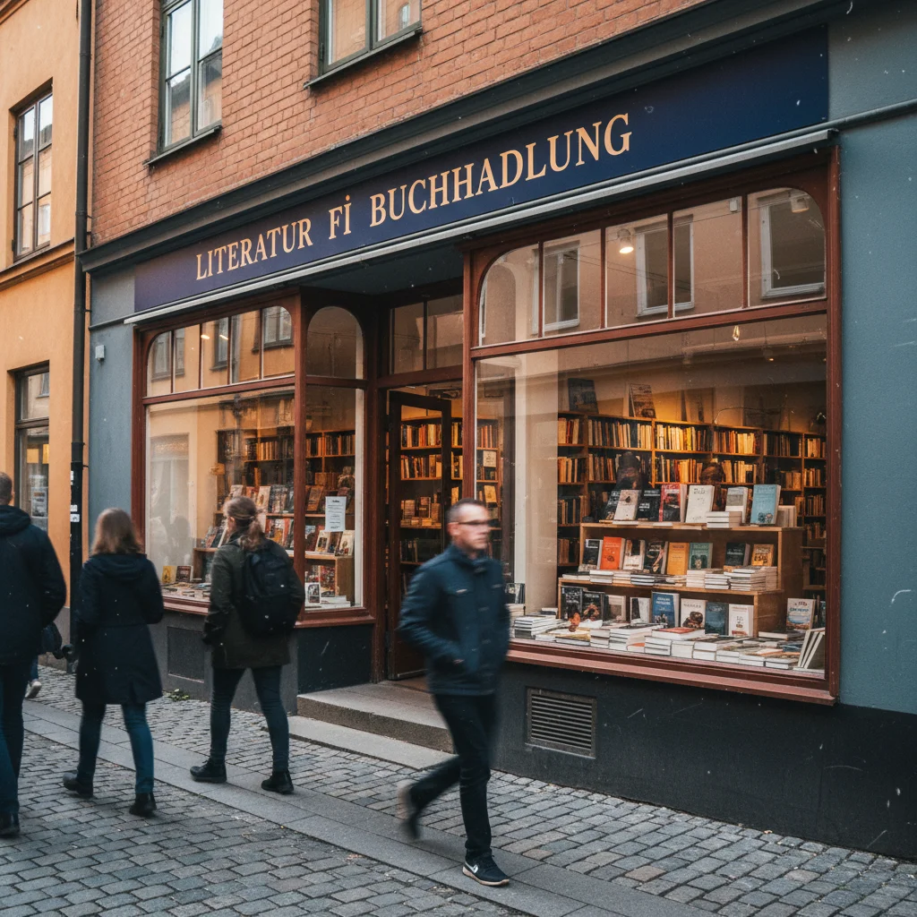 Gemütliche finnische Buchhandlung mit Holzregalen und warmer Beleuchtung
