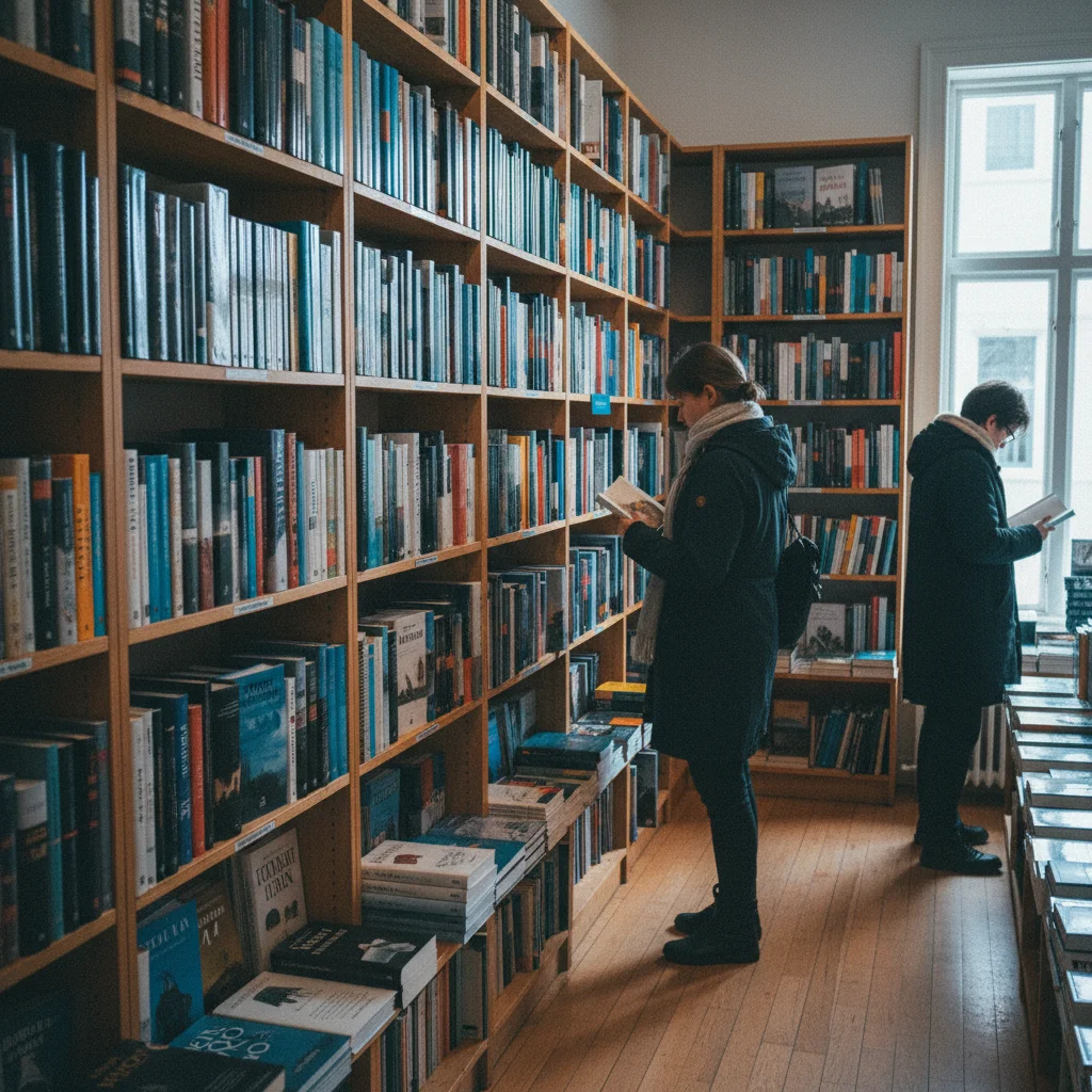 Buchhandlung in Reykjavik mit isländischer Literatur in den Regalen