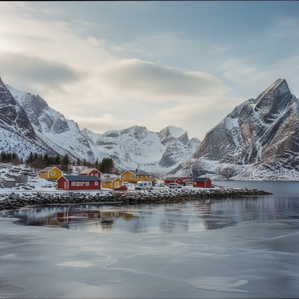 Auto auf einem Campingplatz auf den Lofoten mit Bergblick