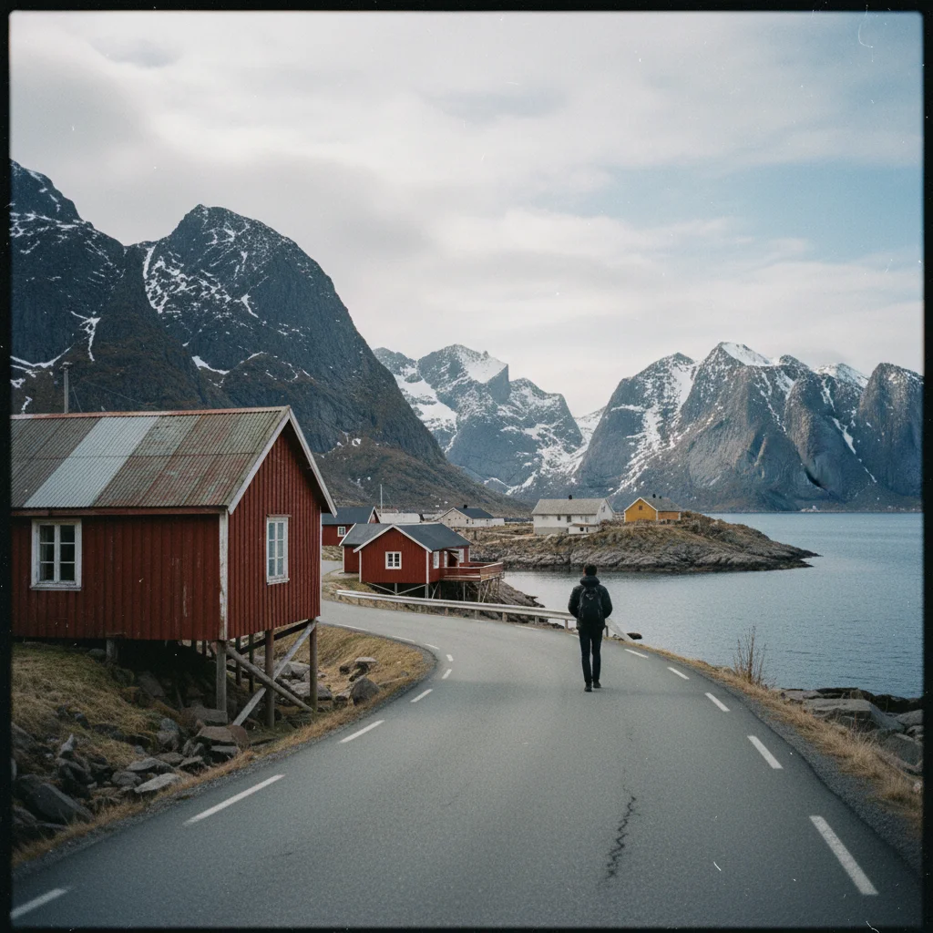 Straße nach Reine auf den Lofoten mit Bergen im Hintergrund