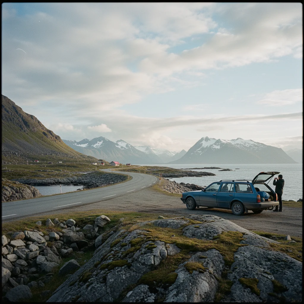 Weißer Sandstrand auf den Lofoten mit Bergen
