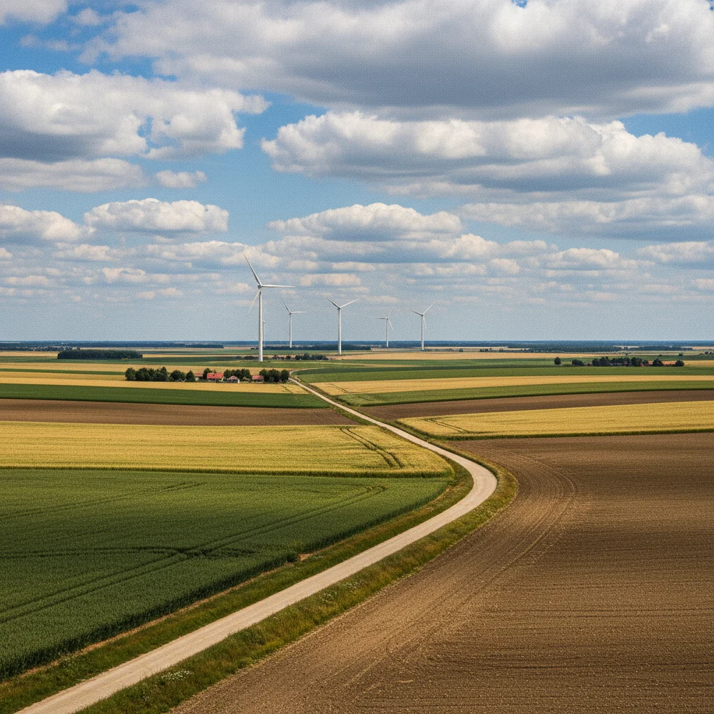Flache Agrarlandschaft auf Lolland mit weitem Himmel und Windrädern