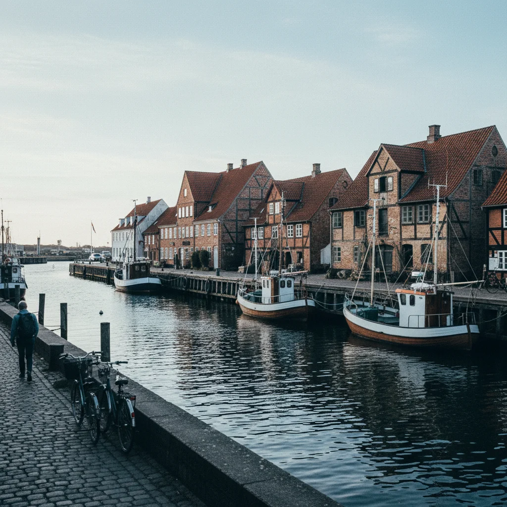 Der Hafen von Nakskov auf Lolland mit historischen Gebäuden