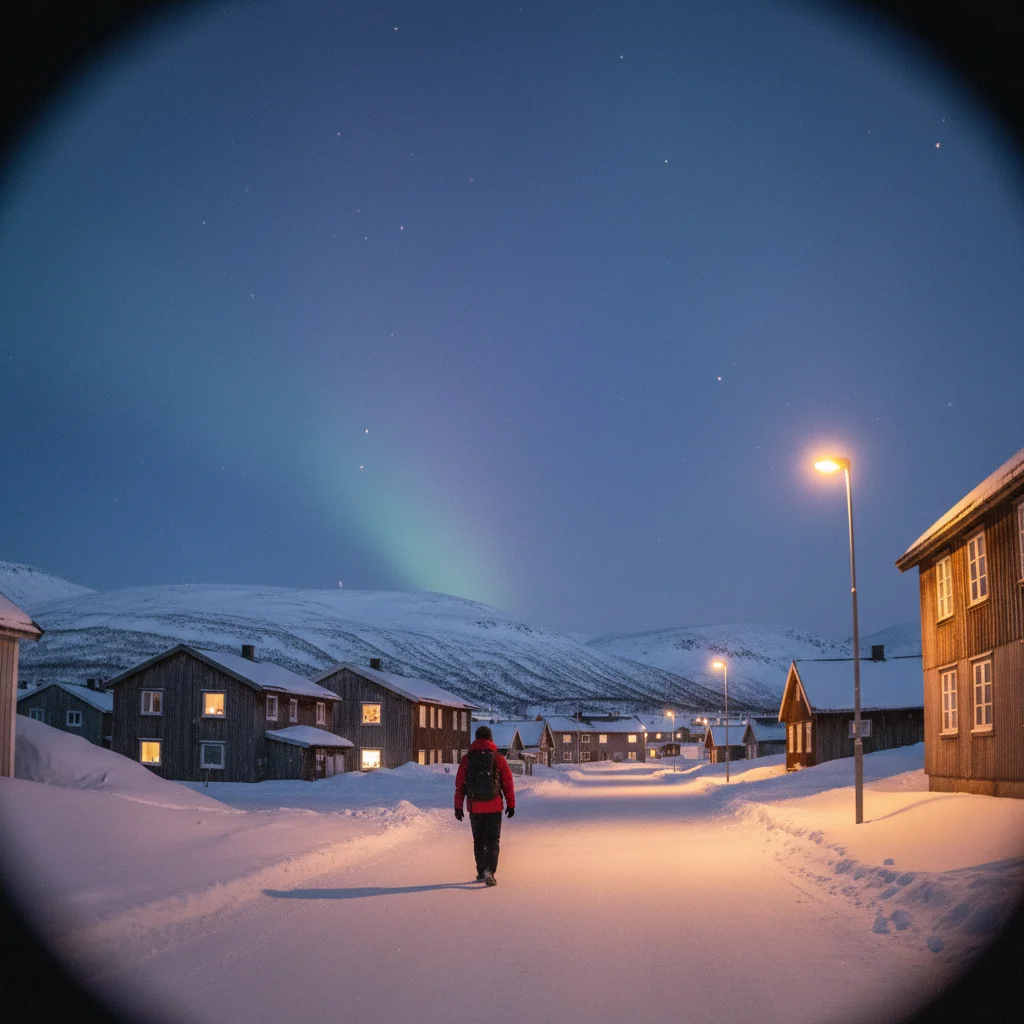 Longyearbyen während der Polarnacht mit beleuchteten Straßen in der Dunkelheit