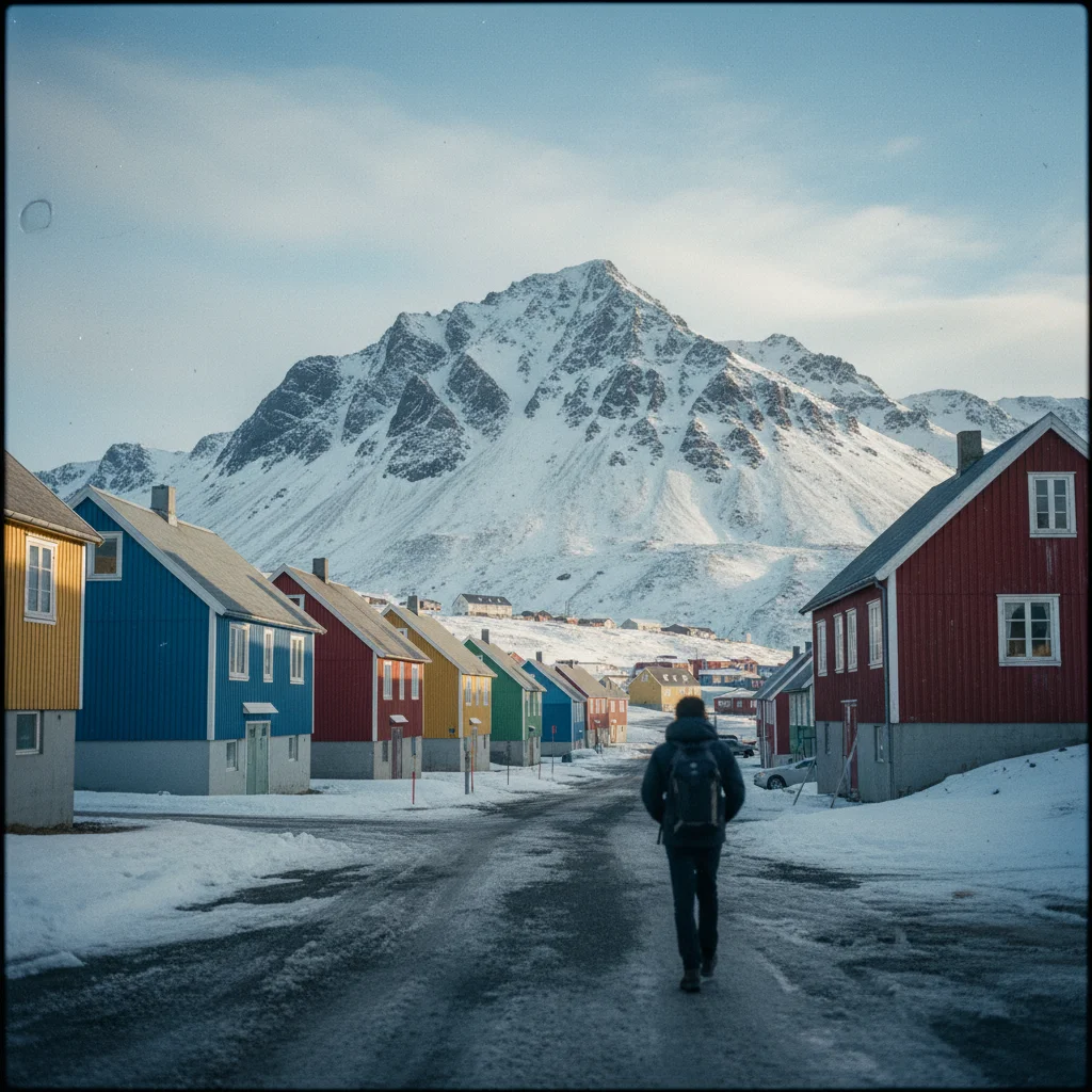 Blick auf Longyearbyen mit bunten Häusern vor karger Arktislandschaft