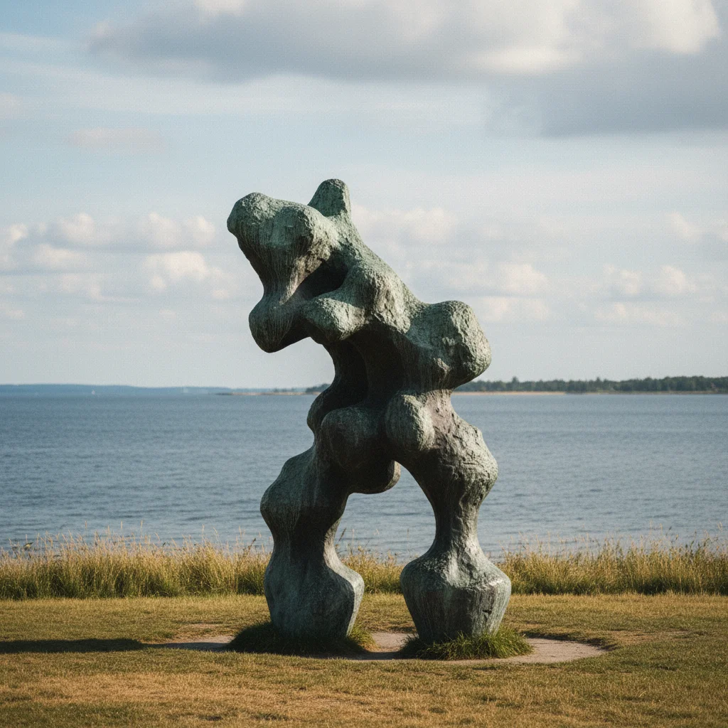 Skulptur im Park des Louisiana Museums vor Meereshintergrund