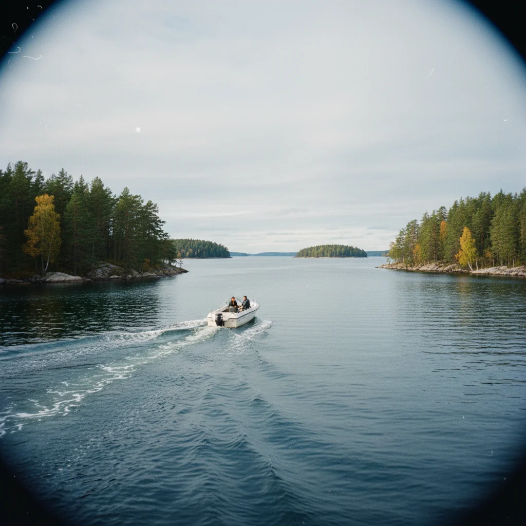 Kleines Motorboot fährt durch den Luleå Schärengarten zwischen bewaldeten Inseln