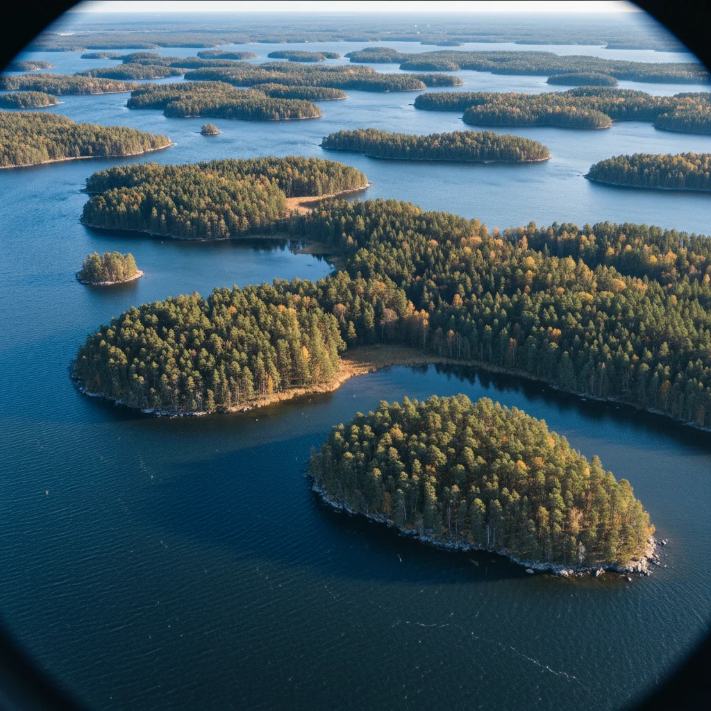 Luftaufnahme des Luleå Schärengartens mit Dutzenden bewaldeter Inseln im blauen Bottnischen Meerbusen
