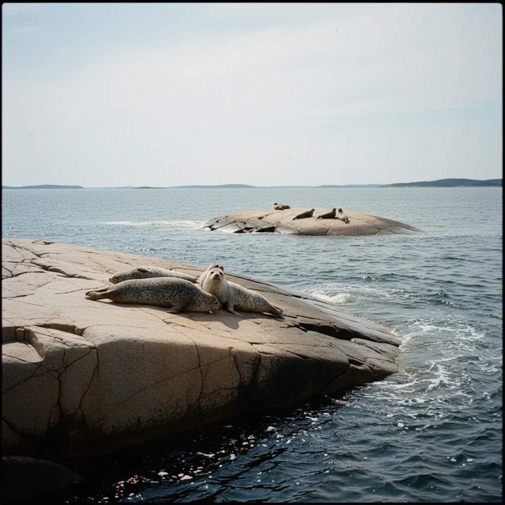 Ringelrobben sonnen sich auf Felsen in den äußeren Luleå Schären