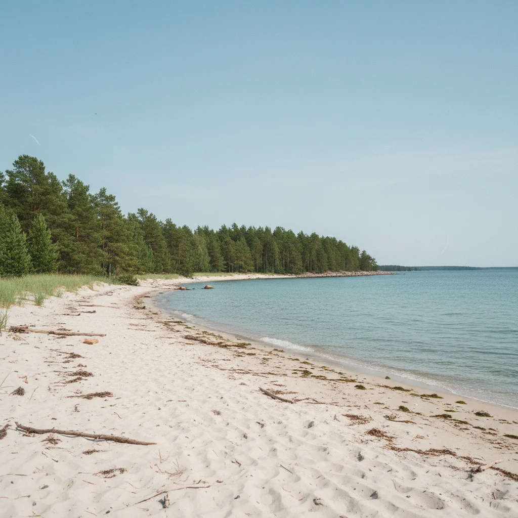 Weißer Sandstrand auf der Insel Sandön im Luleå Schärengarten mit Kiefern im Hintergrund