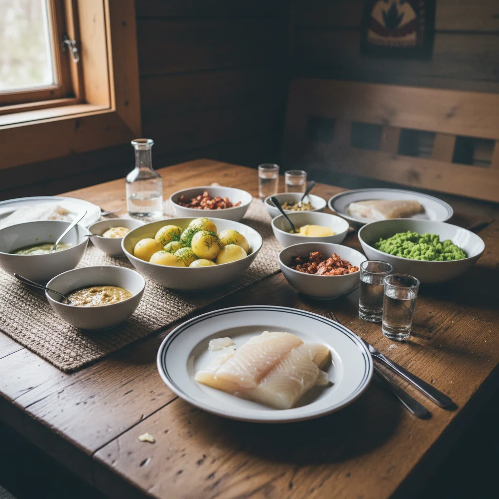 Typische Lutefisk-Beilagen: Speck, Erbsenpüree, Senf und Kartoffeln