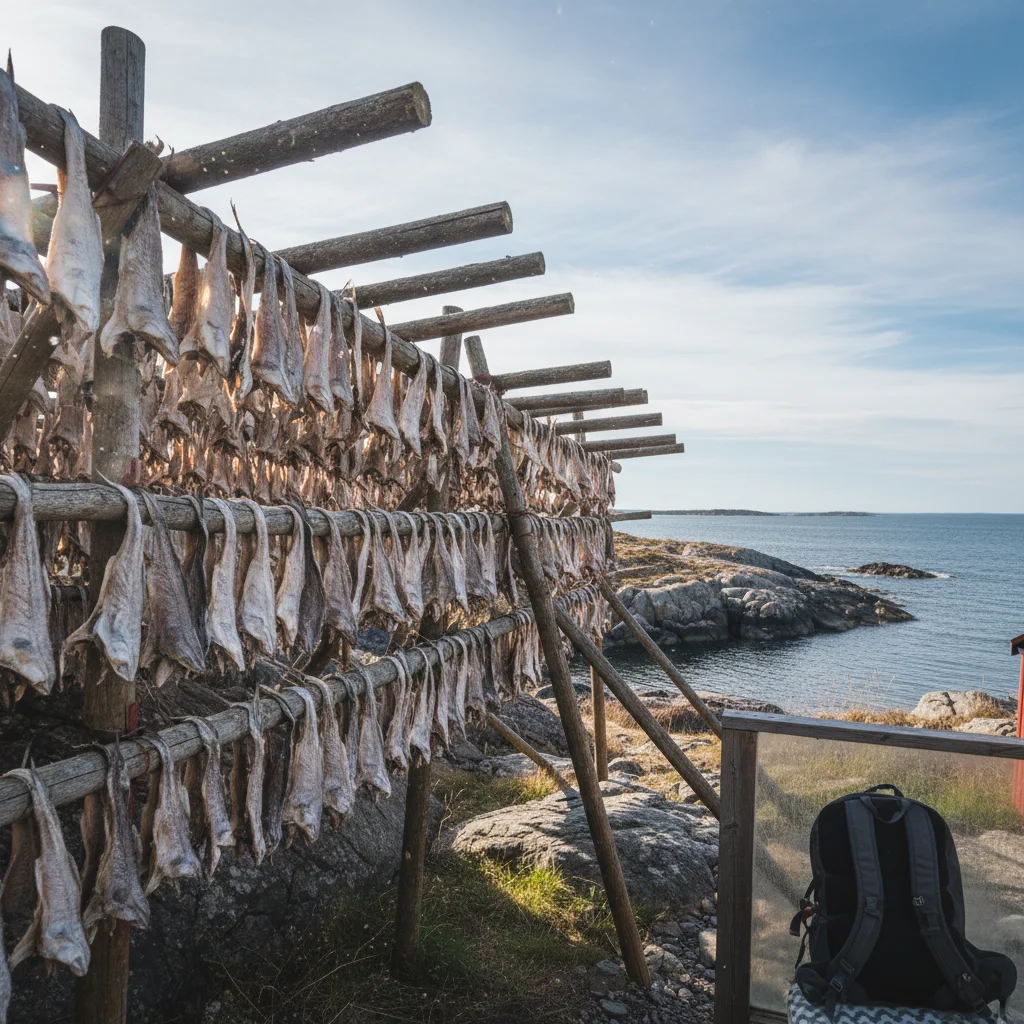 Stockfisch trocknet an Holzgestellen in Nordnorwegen