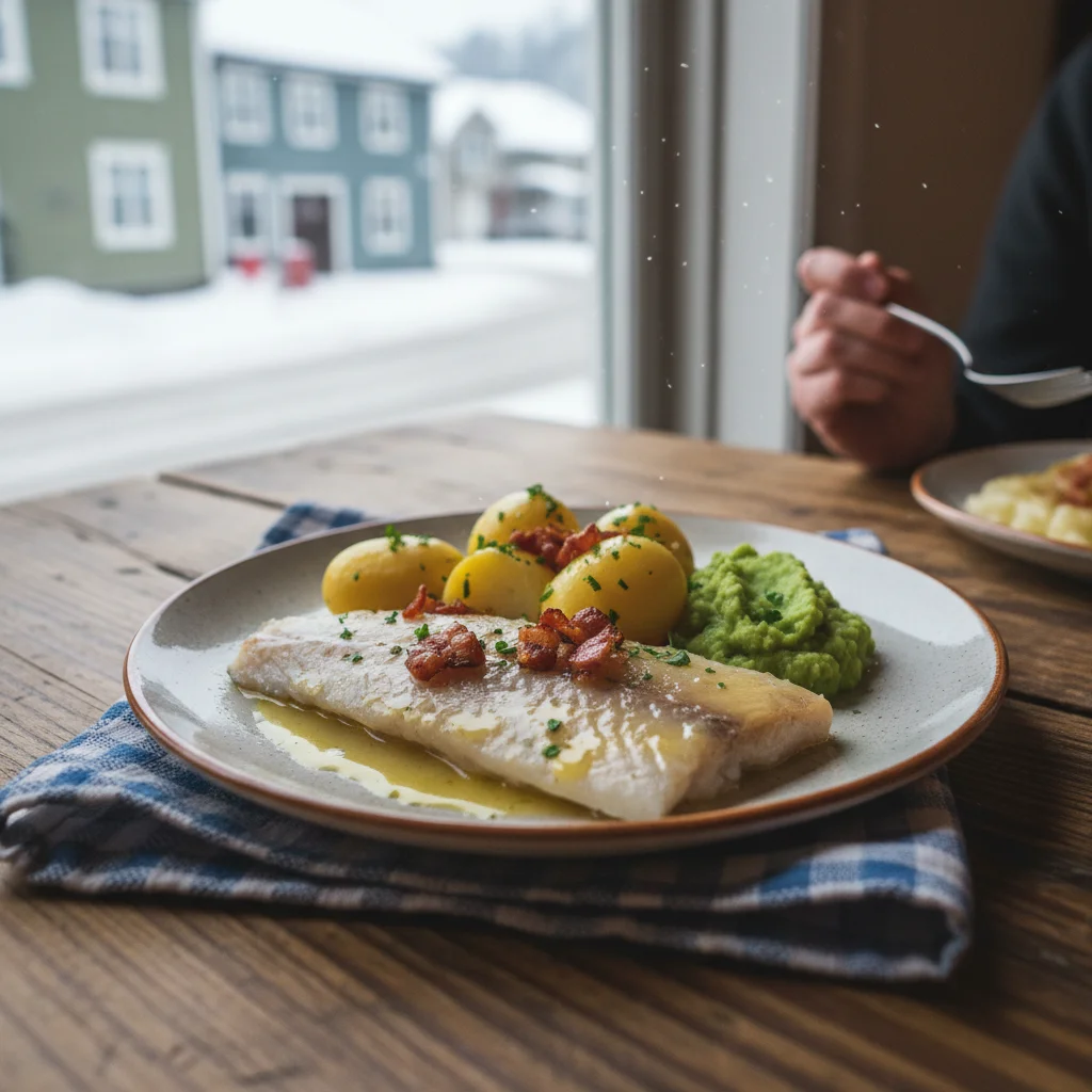Lutefisk auf einem Teller mit Erbsenpüree, Speck und Kartoffeln