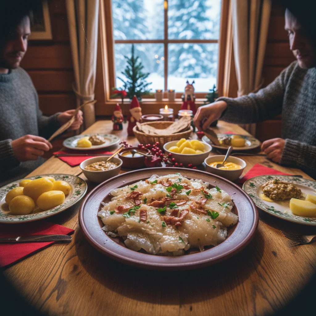 Festlich gedeckter Tisch mit Lutefisk und Weihnachtsdekoration in Norwegen