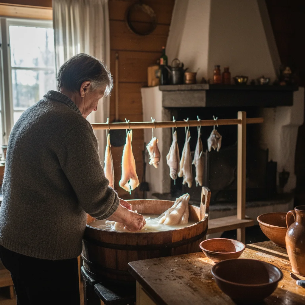 Lutefisk-Stücke im Zubereitungsprozess, gelatineartig und durchscheinend