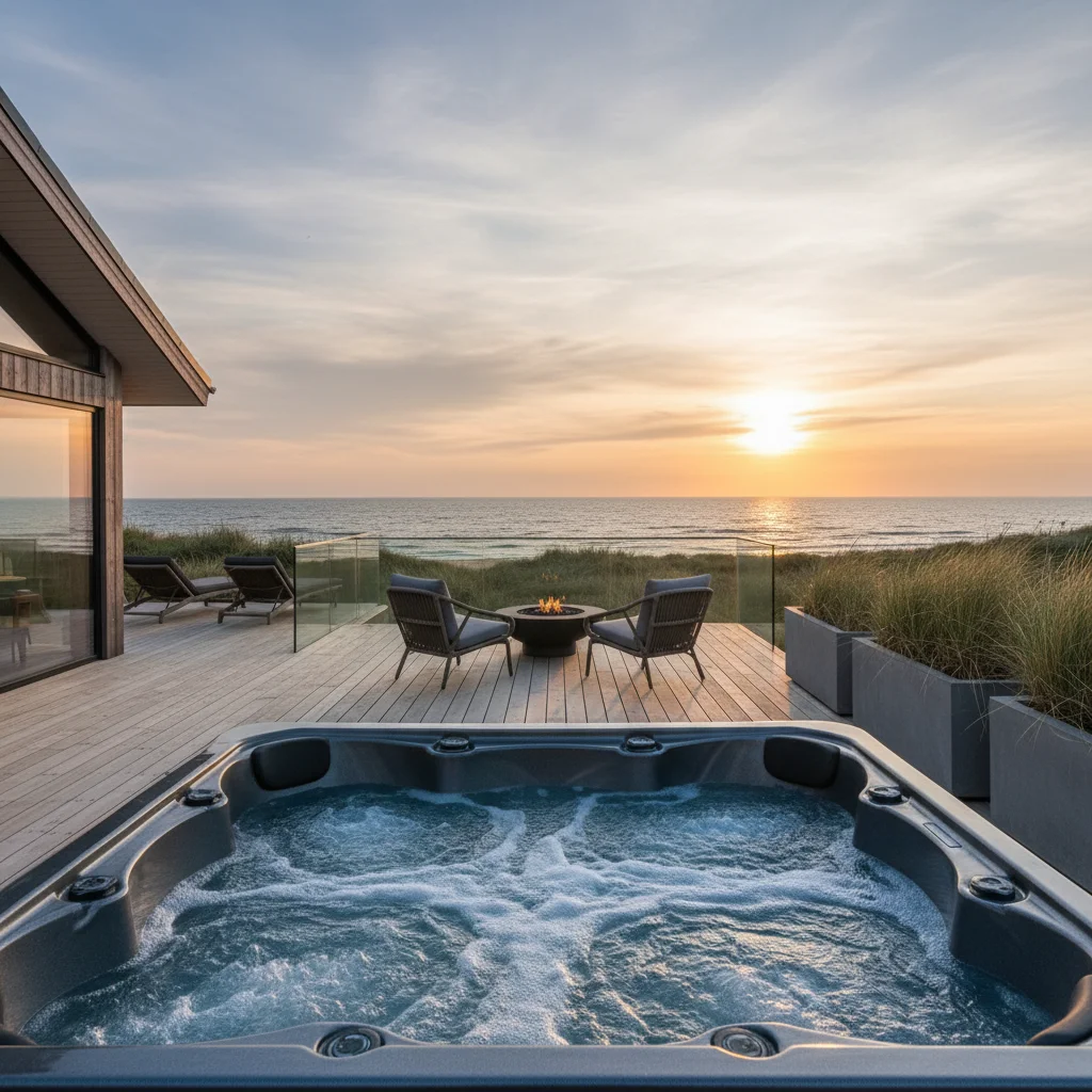 Terrasse eines Luxus-Ferienhauses mit Blick auf die dänische Nordsee