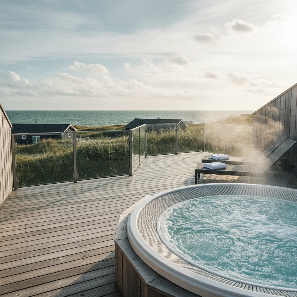 Whirlpool auf der Terrasse eines dänischen Luxus-Ferienhauses