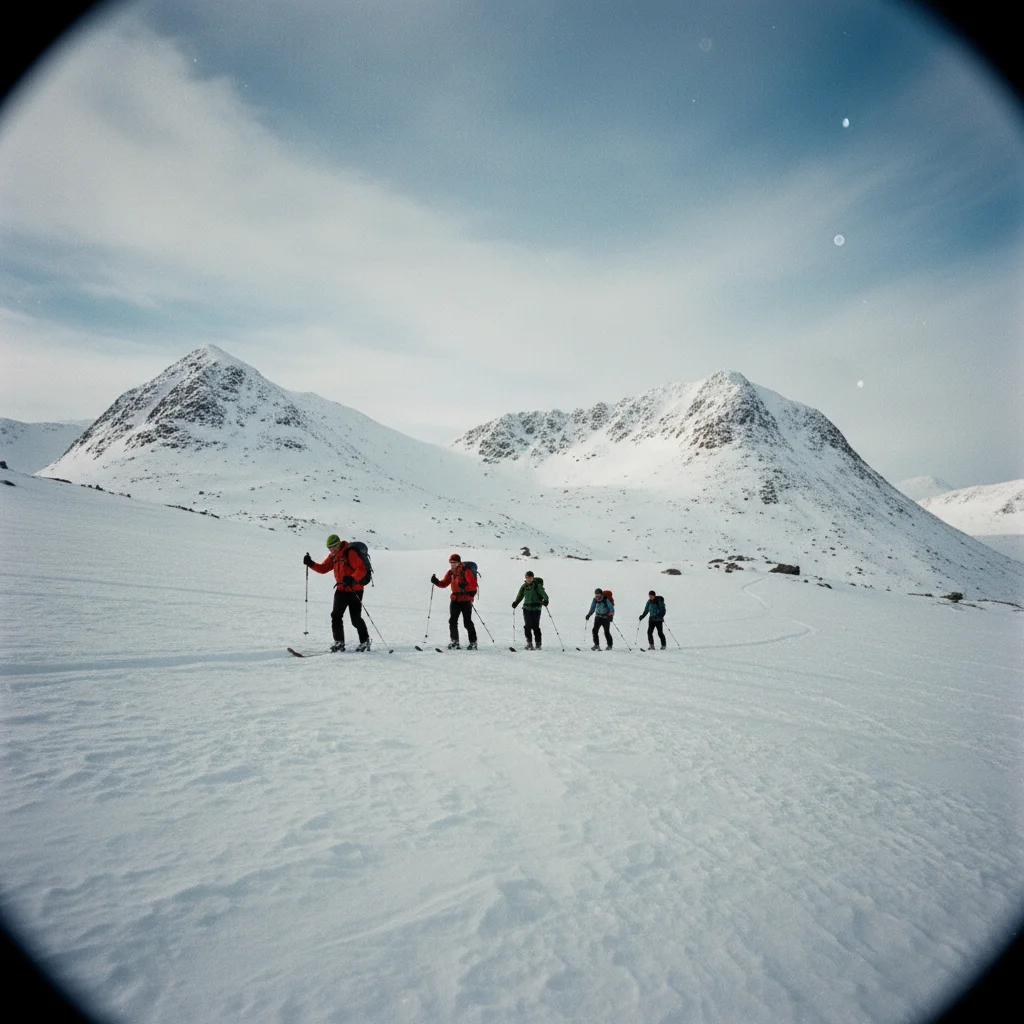 Skitourengeher auf dem Aufstieg in den Lyngen Alps mit Fjordblick