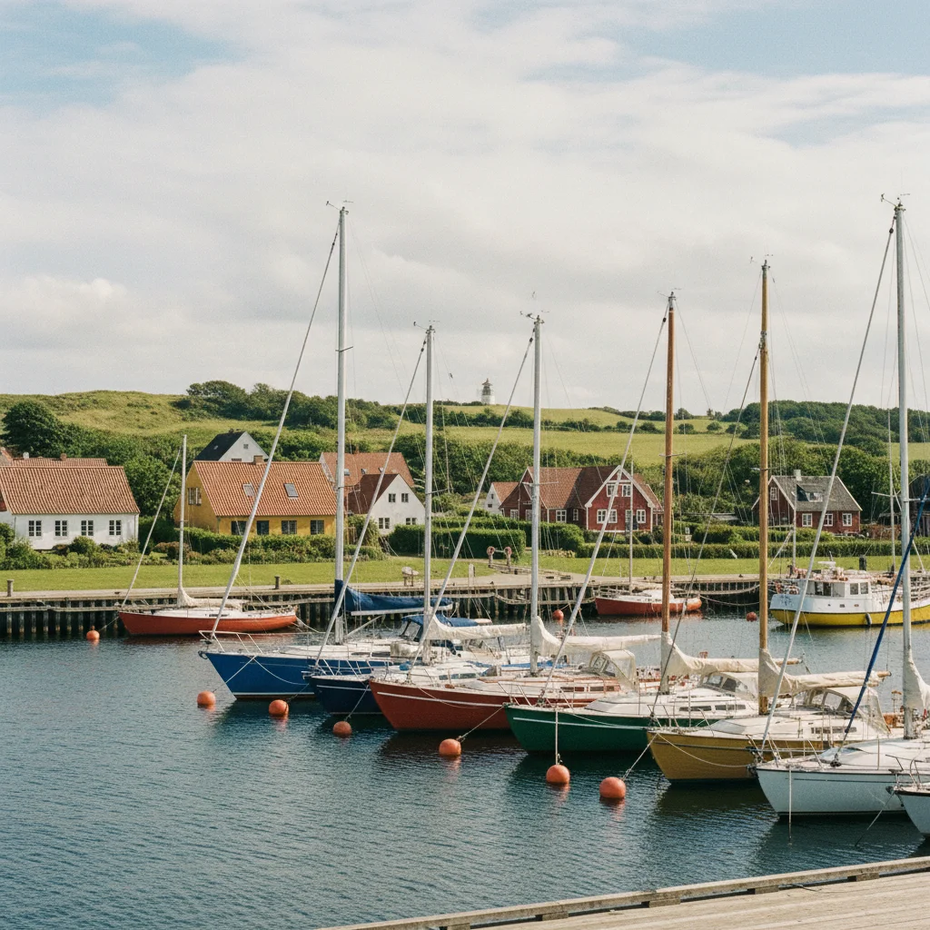 Der Hafen von Lyø mit bunten Segelbooten und dem Dorf im Hintergrund