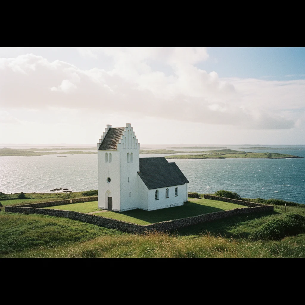 Die weiße Lyø Kirke auf einer Anhöhe mit dem Inselmeer im Hintergrund