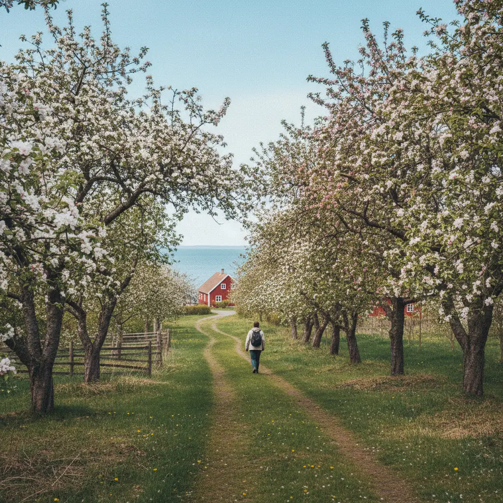 Blühende Obstgärten auf der Insel Lyø im Frühling
