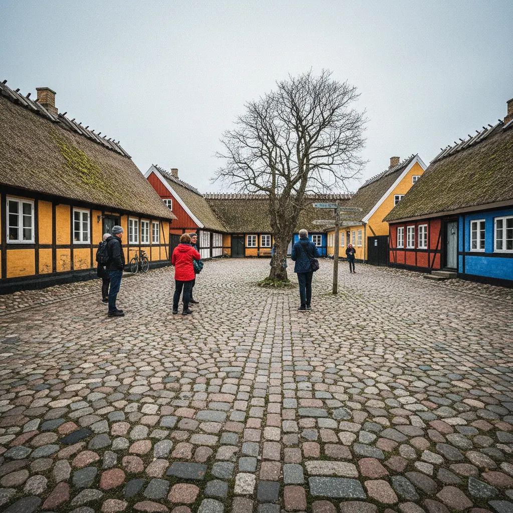 Der kreisförmige Dorfplatz von Lyø mit historischen Fachwerkhäusern