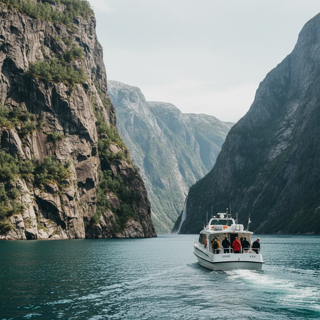Bootstour durch den Lysefjord mit steilen Felswänden