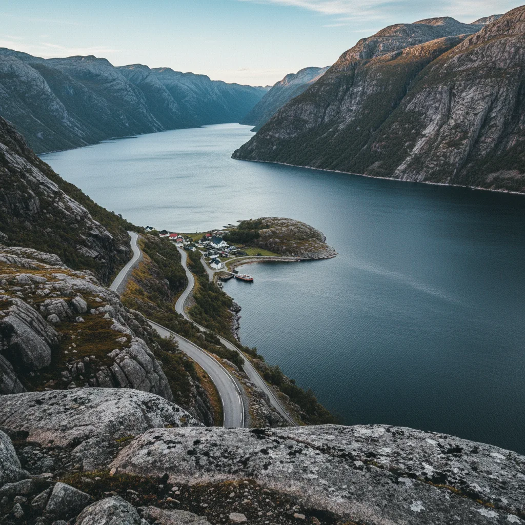 Blick auf Lysebotn am Ende des Lysefjords mit der Serpentinenstraße