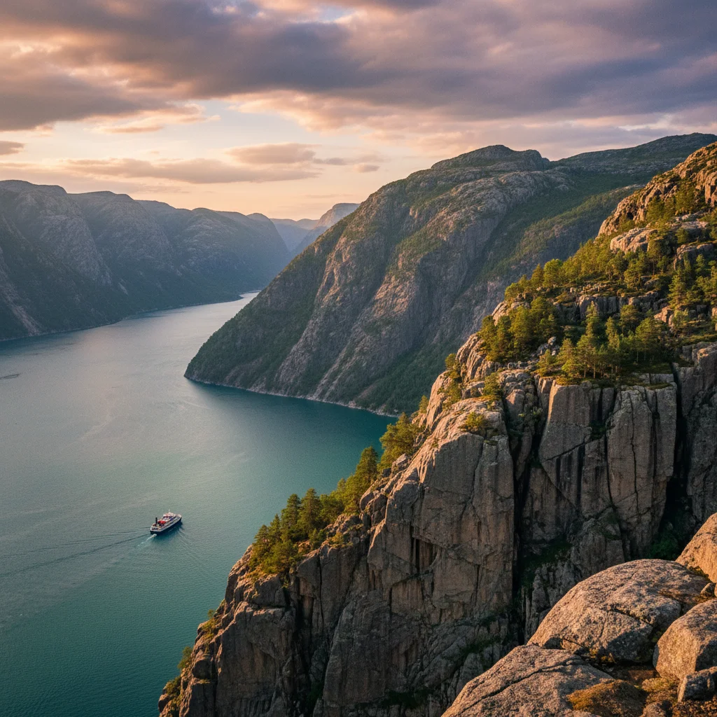 Blick über den Lysefjord mit steilen Granitwänden und türkisem Wasser