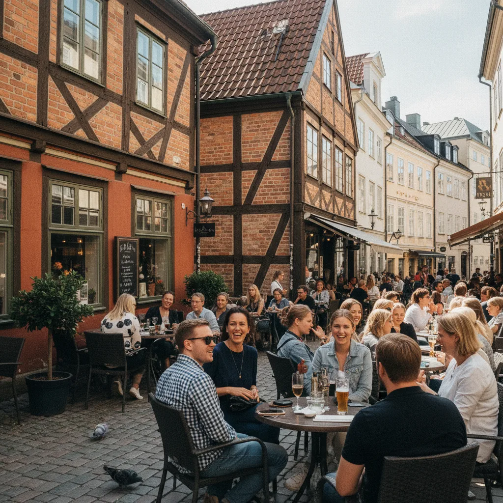 Lilla Torg in Malmö mit historischen Fachwerkhäusern und belebten Außenterrassen