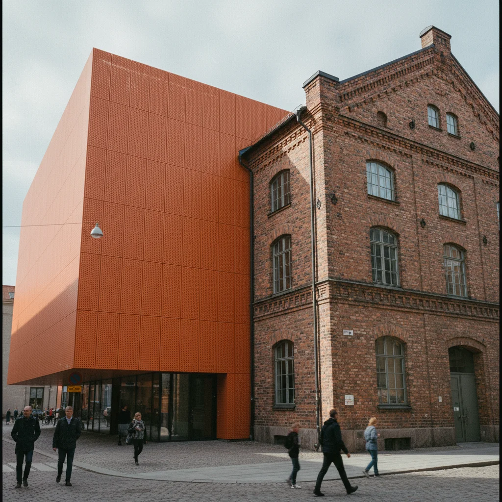 Moderna Museet Malmö mit seiner markanten orangefarbenen Fassade und dem historischen Backsteinbau