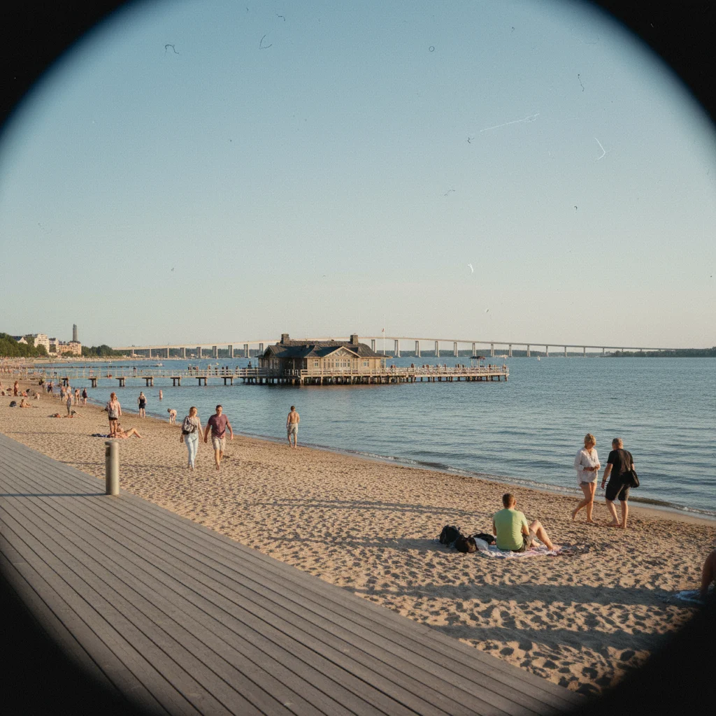 Blick auf den Strand Ribersborg mit dem Kallbadhuset und der Öresundbrücke im Hintergrund
