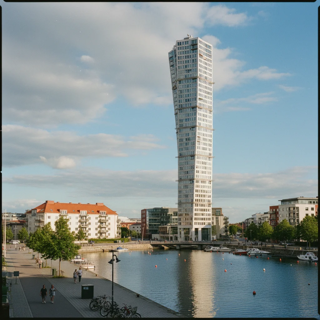 Der Turning Torso in Malmö ragt in den blauen Himmel über dem Stadtteil Västra Hamnen
