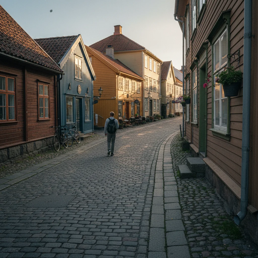 Weiße Holzhäuser in der Altstadt von Mandal