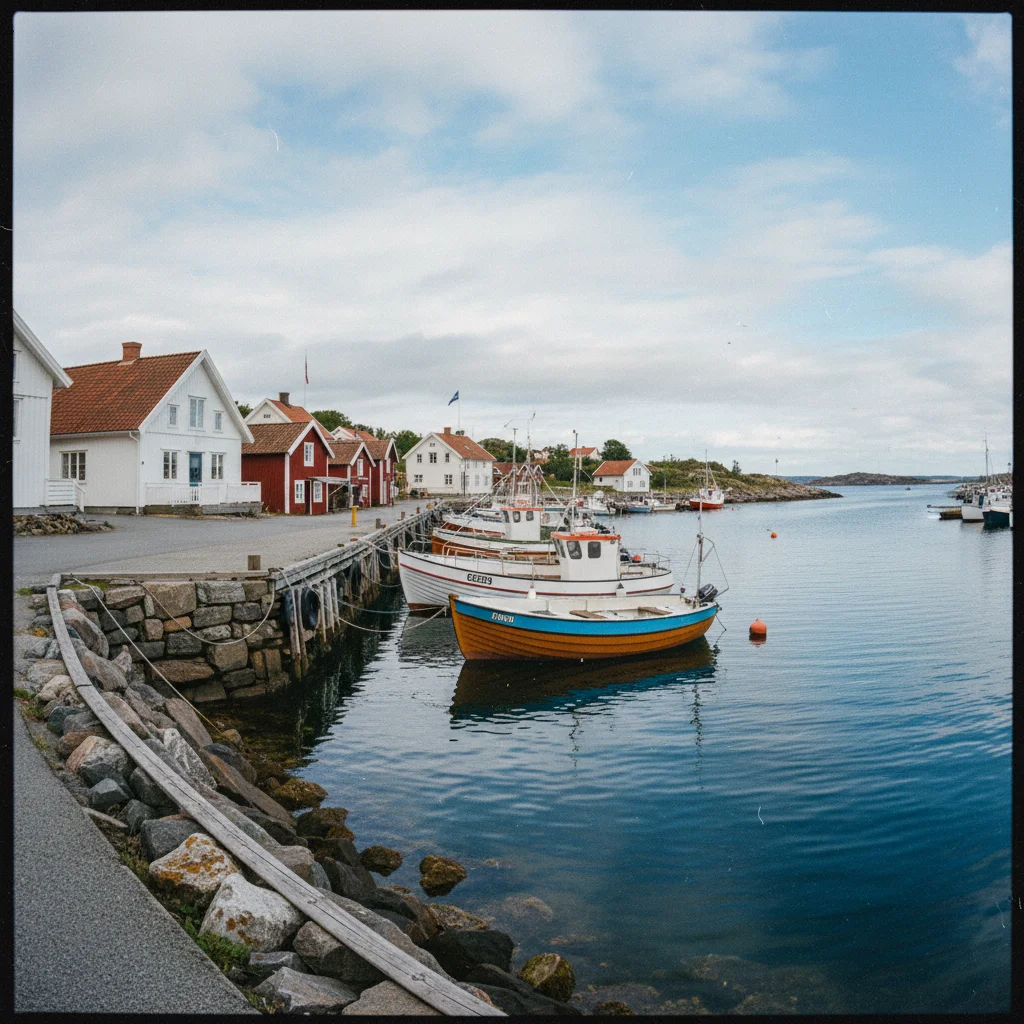 Hafen von Mandal mit Holzbooten und weißen Häusern