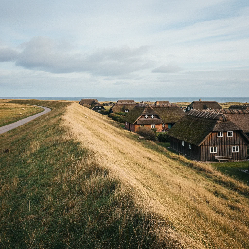 Das Dorf Mandø mit reetgedeckten Häusern hinter dem Deich