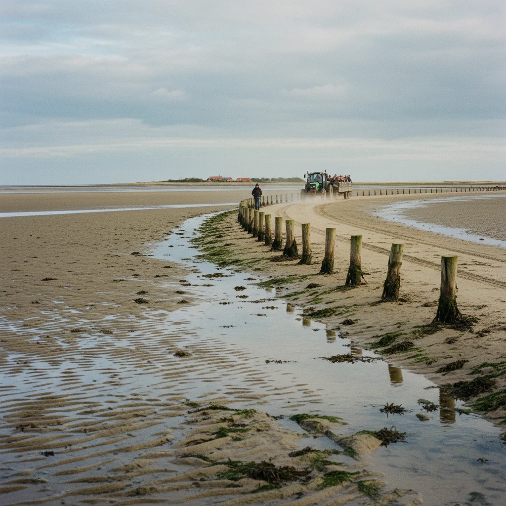 Der Ebbe-Weg nach Mandø bei Niedrigwasser mit freiliegendem Meeresboden