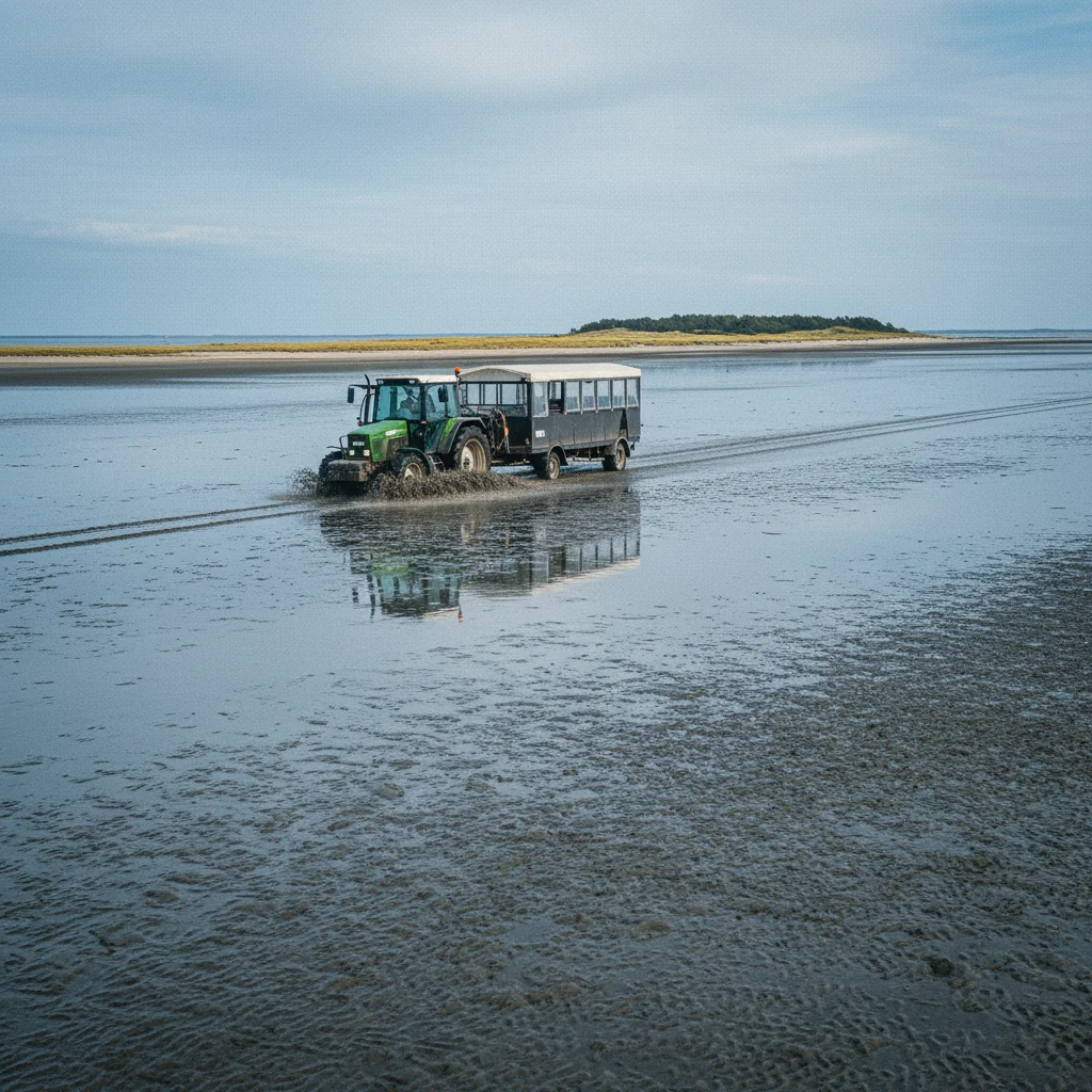 Der Mandø-Traktorbus fährt bei Ebbe durch das Wattenmeer
