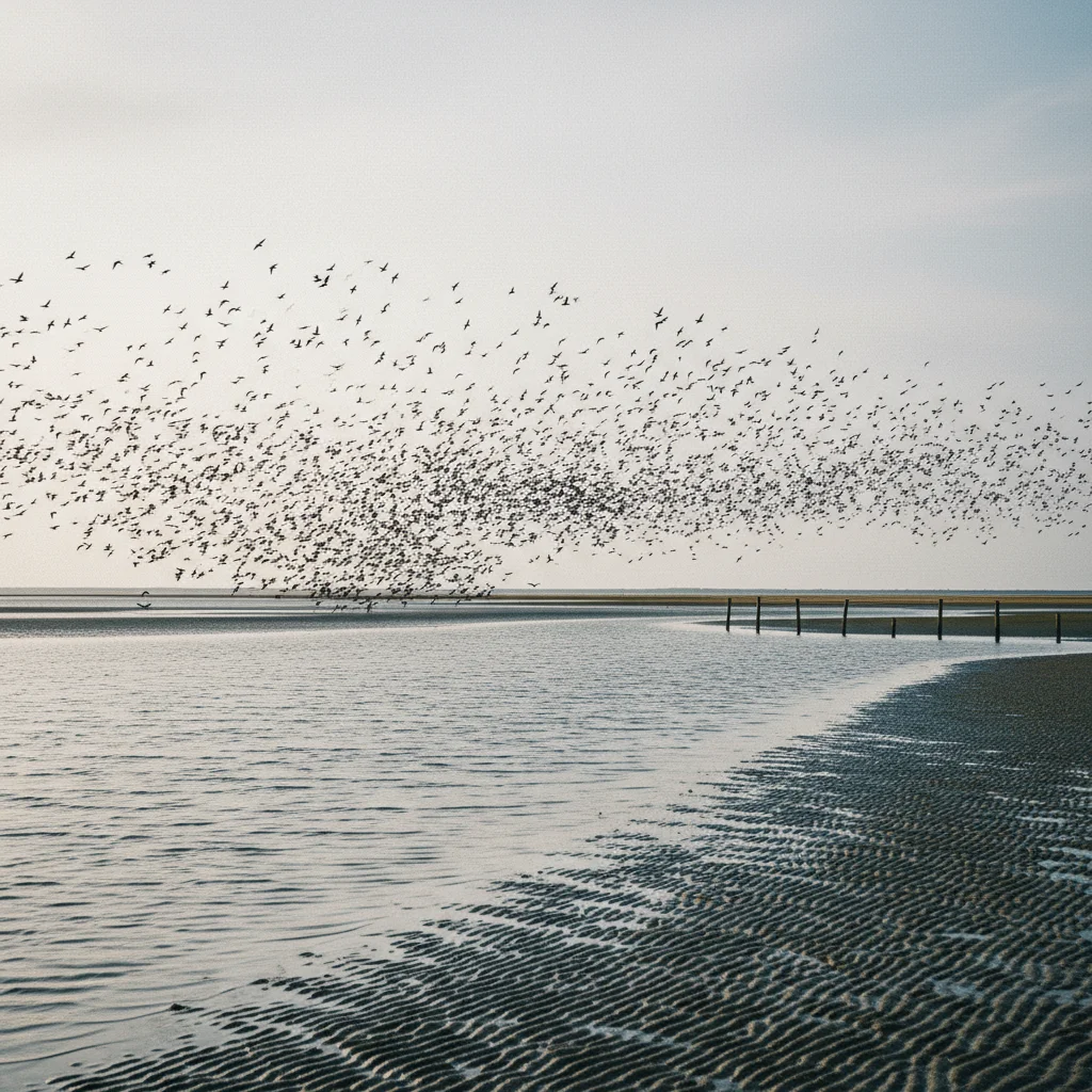 Schwärme von Zugvögeln über dem Wattenmeer bei Mandø