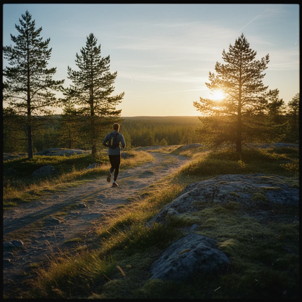 Läufer auf einem Weg in Nordschweden unter der Mitternachtssonne mit goldenem Licht am Horizont