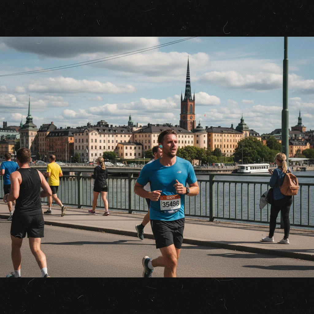 Läufer beim Stockholm Marathon auf einer Brücke mit dem Stockholmer Stadtbild im Hintergrund