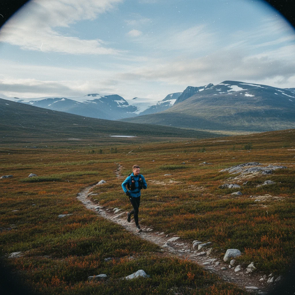 Trail Runner auf einem schmalen Pfad im schwedischen Fjäll mit weiter Berglandschaft