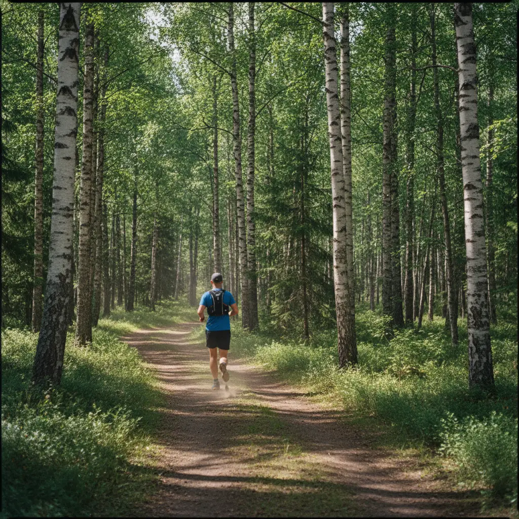 Läufer auf der Vasaloppet-Strecke durch einen schwedischen Birkenwald im Sommer