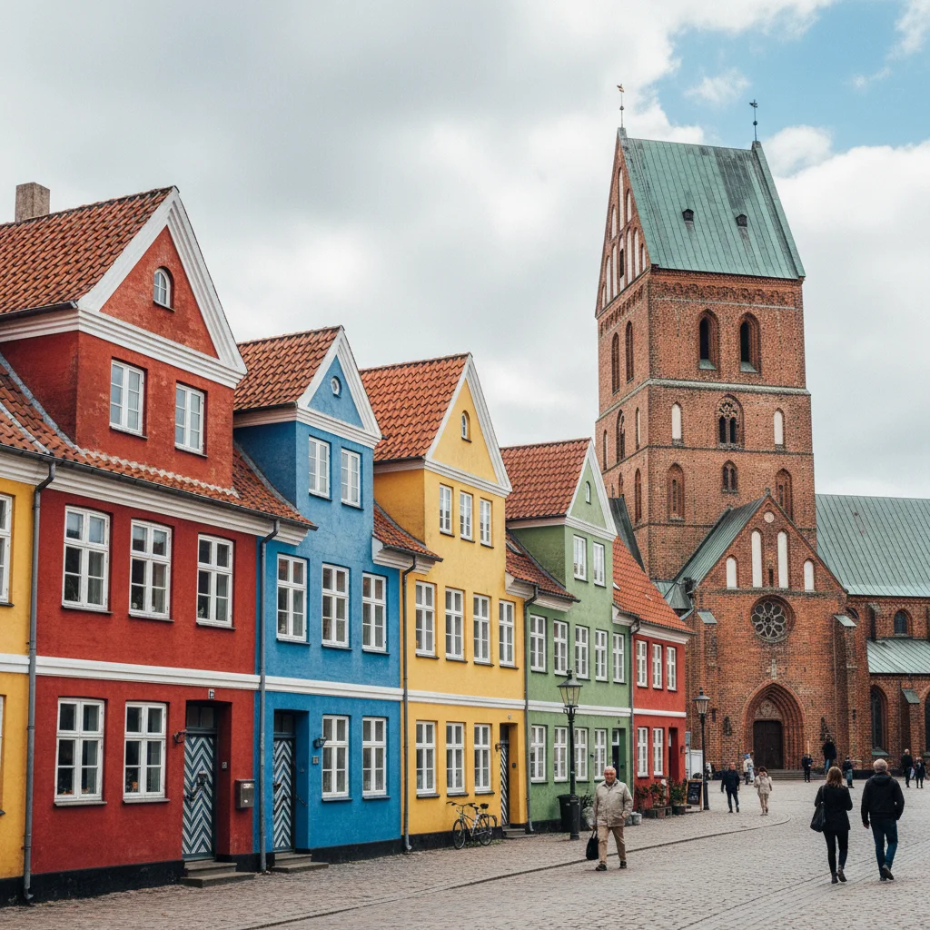 Bunte Häuser am Marktplatz von Maribo mit dem Dom im Hintergrund