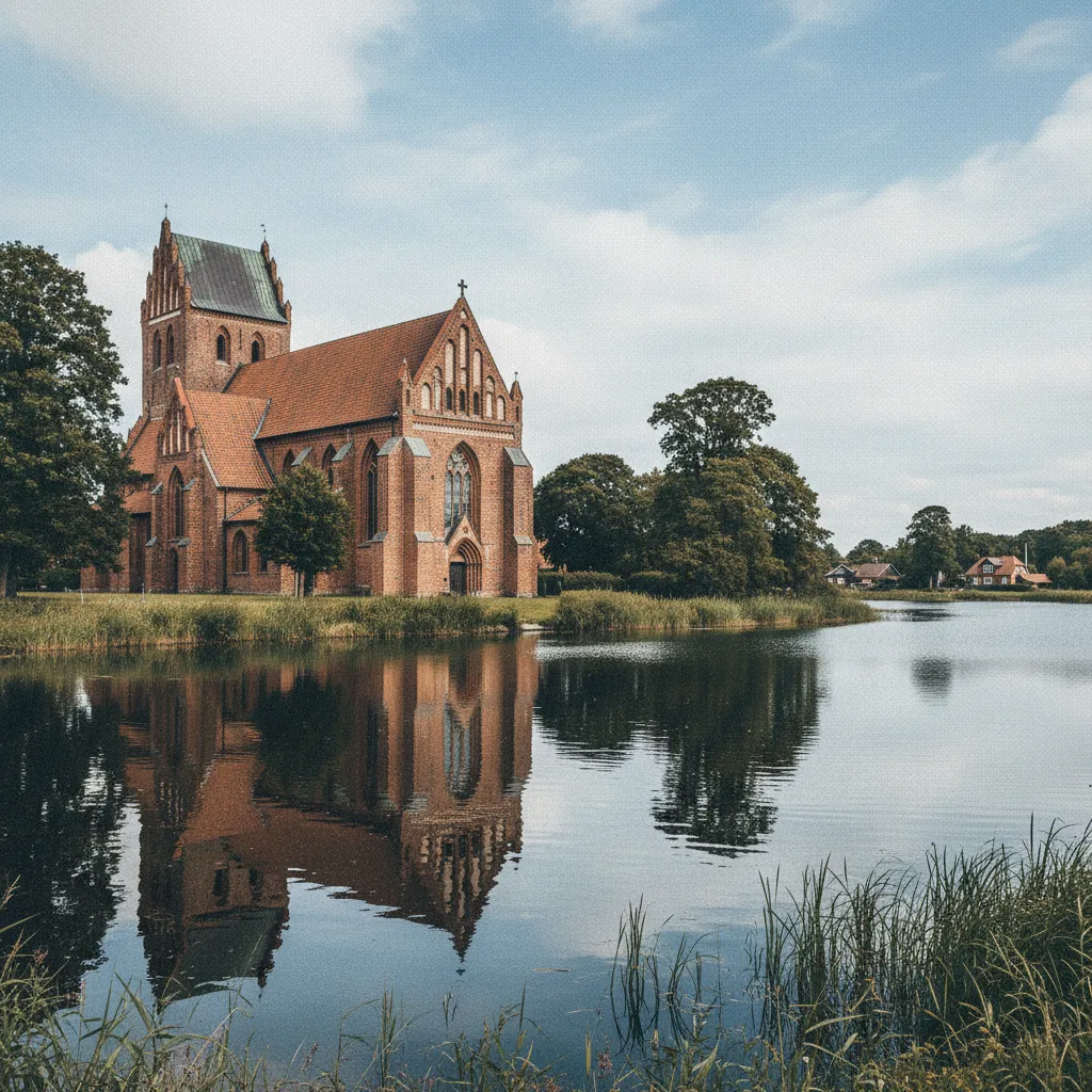 Der gotische Dom zu Maribo aus rotem Backstein am Ufer des Sees