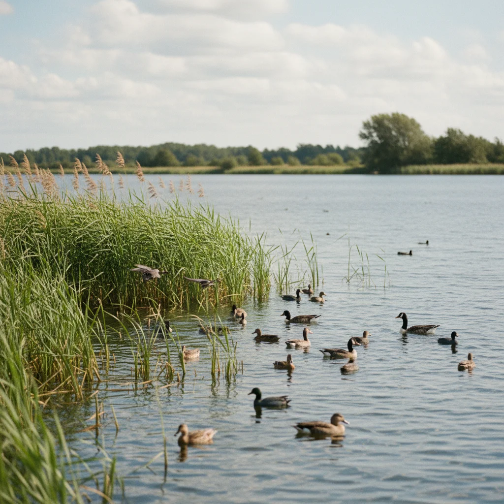 Schilfgürtel und Wasservögel am Maribo-See auf Lolland