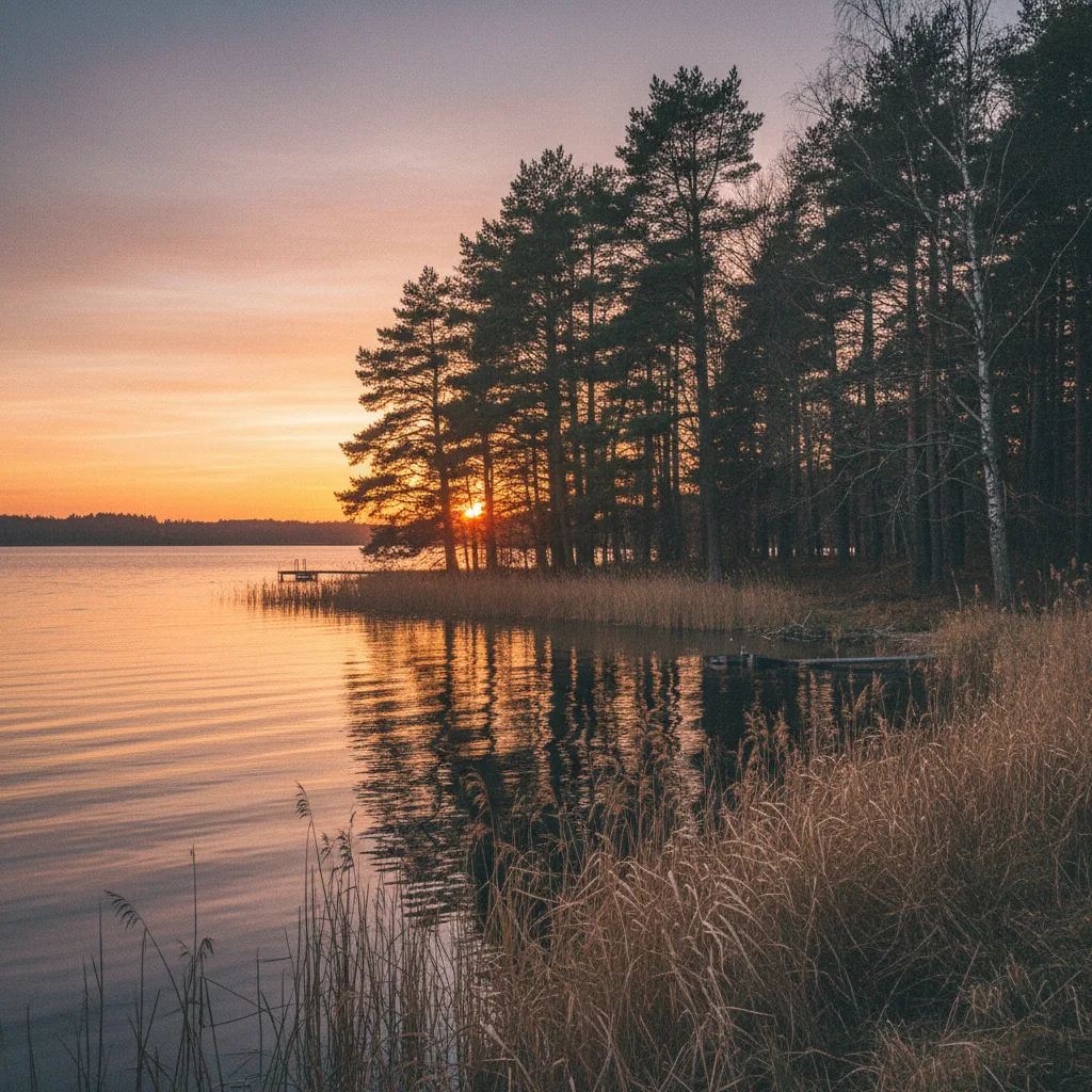 Der Maribo-See bei Sonnenuntergang mit Schilf und Bäumen am Ufer